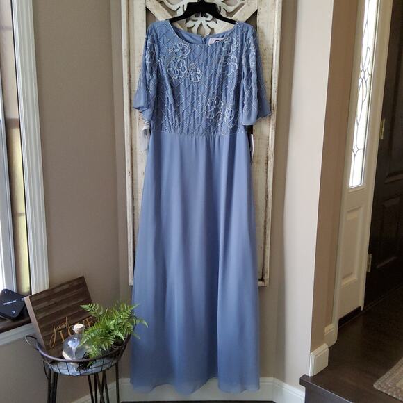 JS Collections Lauren A-Line Gown Short Flutter Sleeves Floral Beaded Motifs - Picture 7 of 11